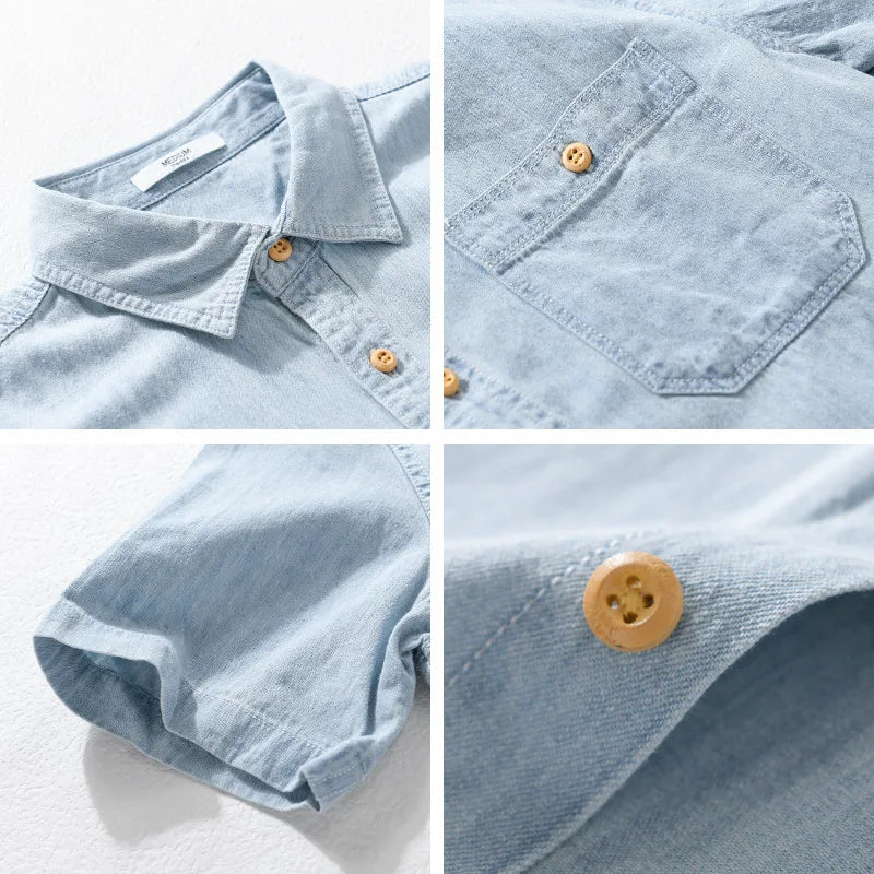 Men’s Short Sleeve Denim Shirt Casual Summer Button Down