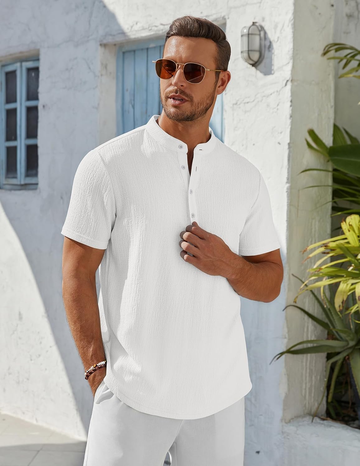 Men’s Casual Textured Henley Shirt – Summer Stand Collar Top