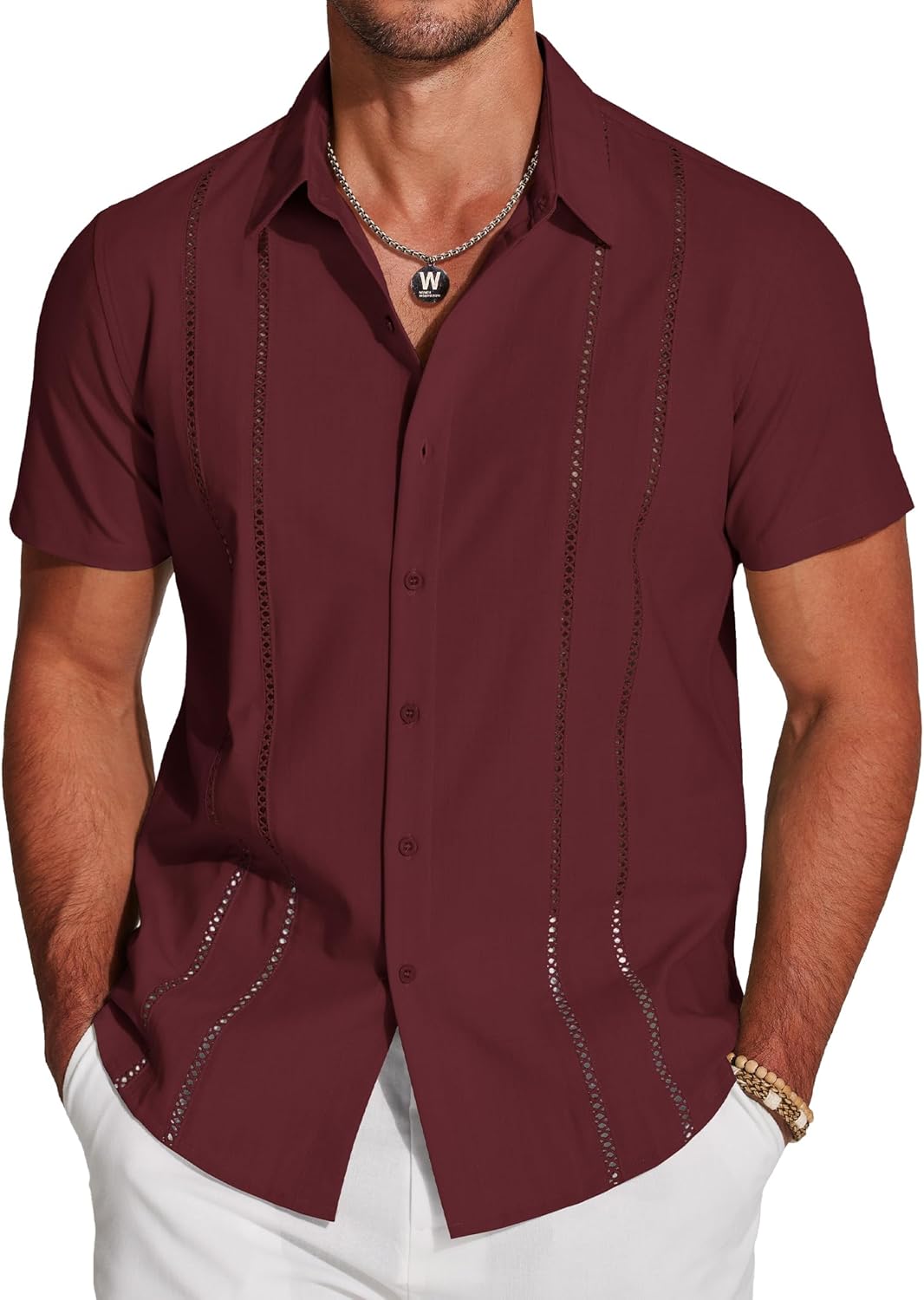 Men’s Button Down Shirt – Summer Embroidered Stripe Top