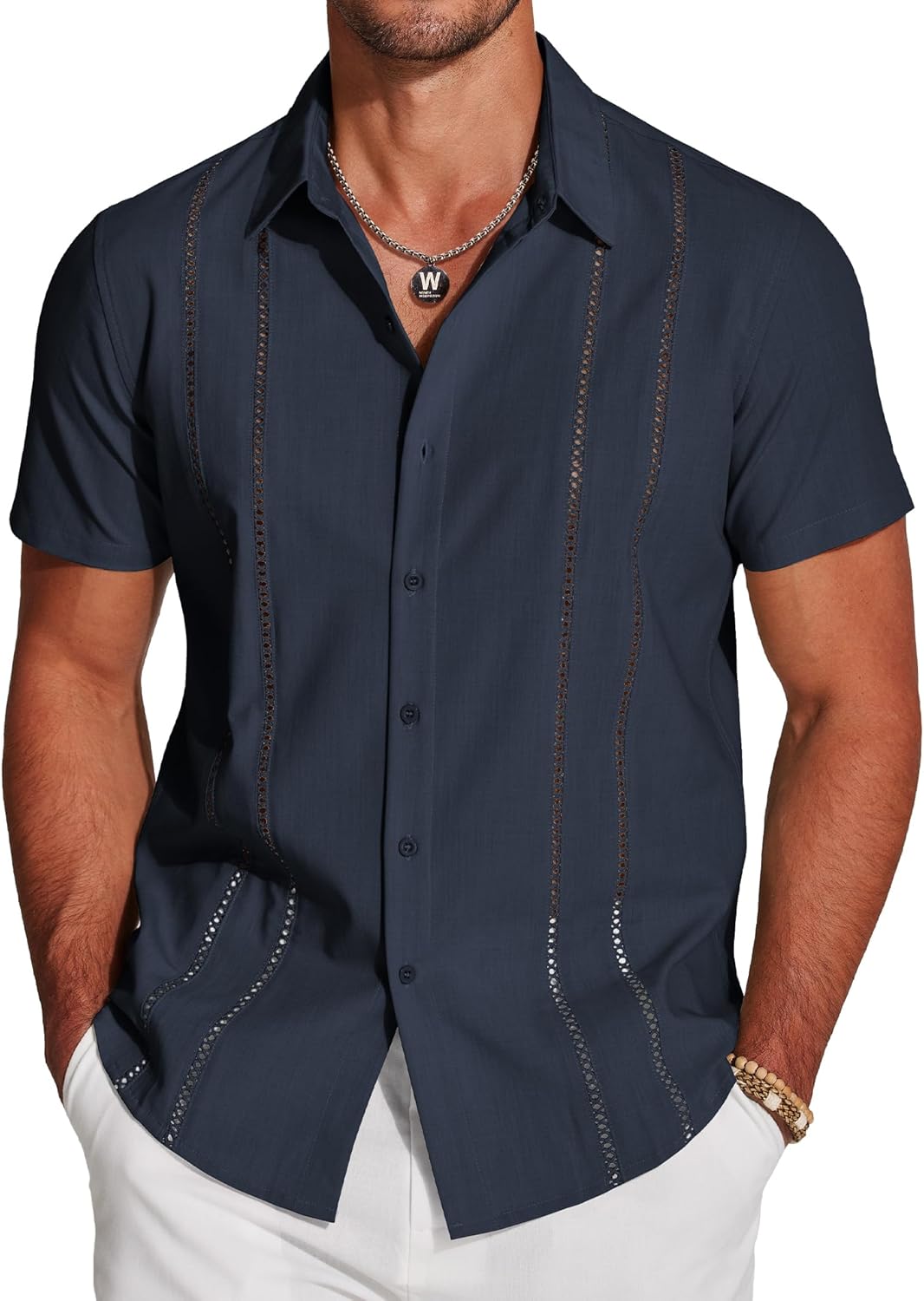 Men’s Button Down Shirt – Summer Embroidered Stripe Top