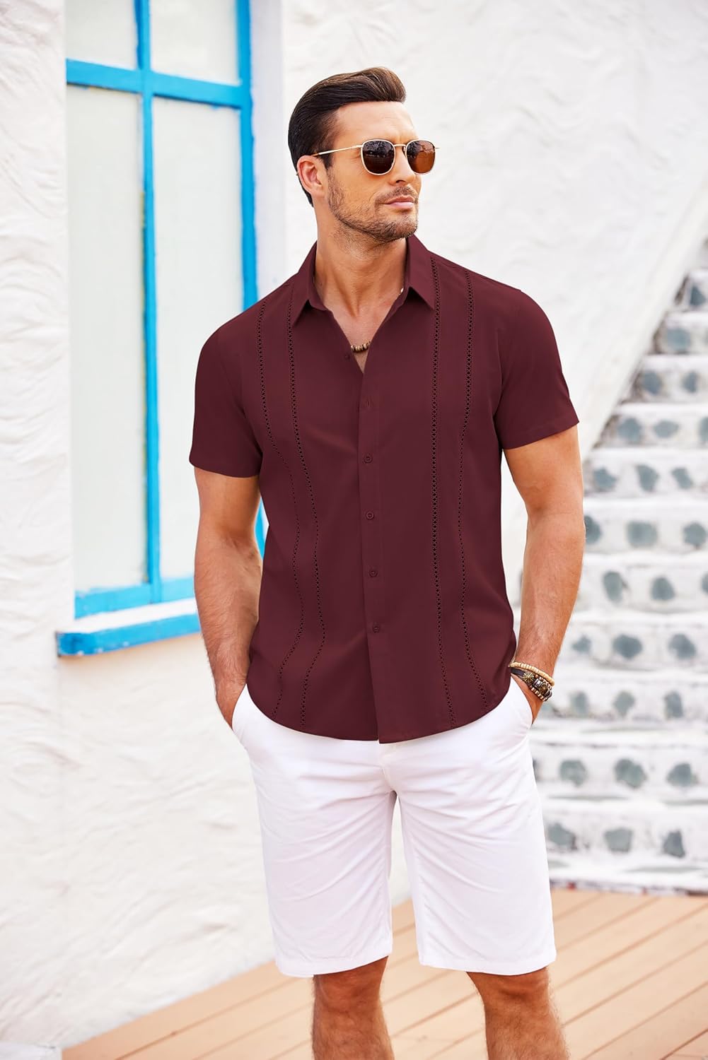 Men’s Button Down Shirt – Summer Embroidered Stripe Top