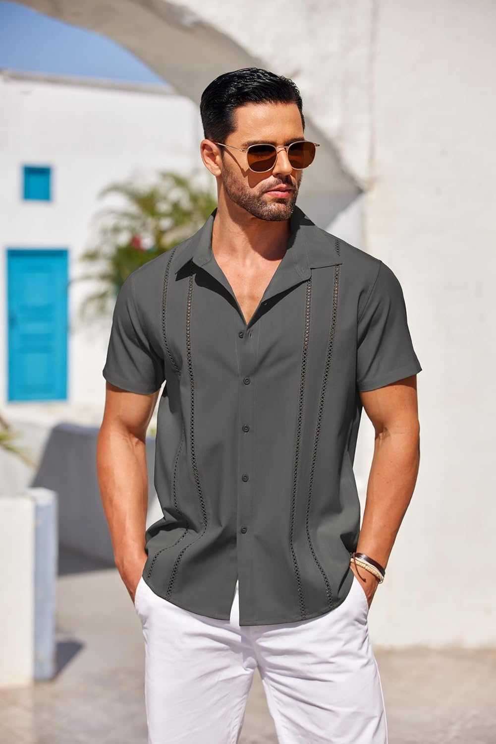 Men’s Button Down Shirt – Summer Embroidered Stripe Top