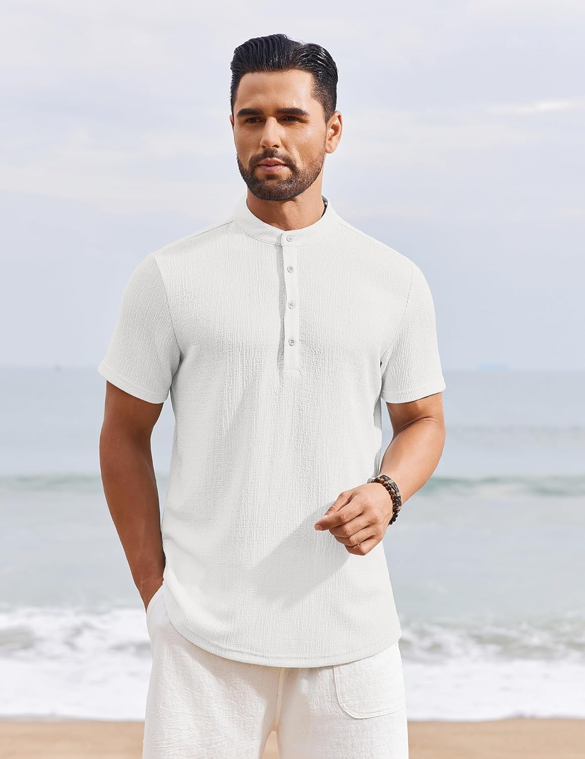 Men’s Casual Textured Henley Shirt – Summer Stand Collar Top