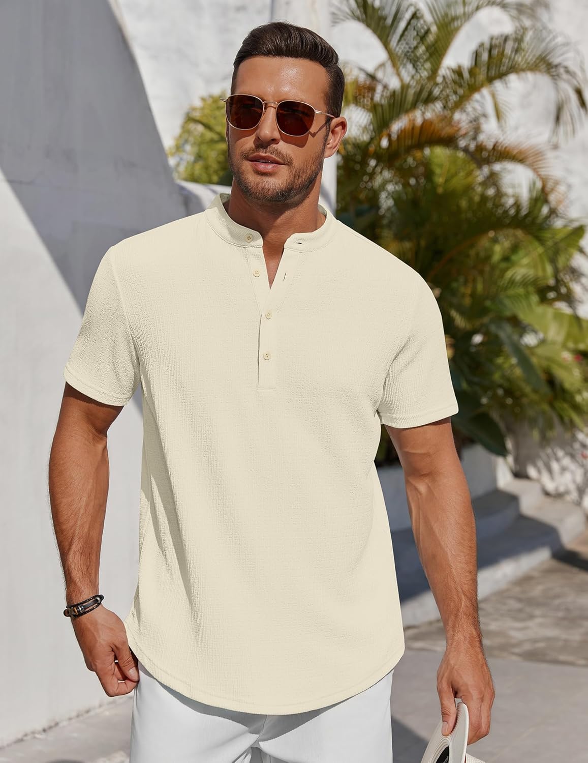 Men’s Casual Textured Henley Shirt – Summer Stand Collar Top