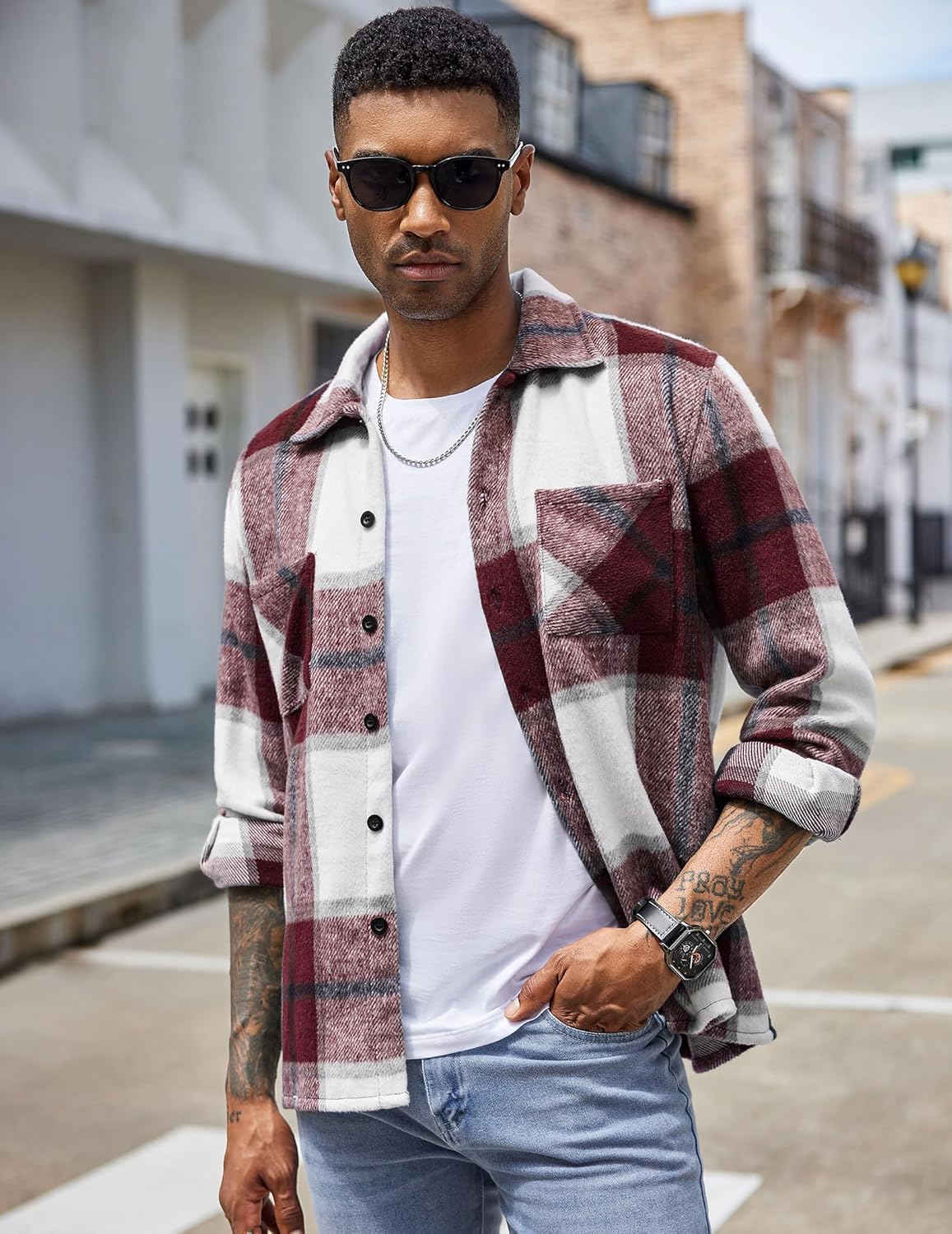 Men’s Plaid Button Up Shirt Jacket – Casual Long Sleeve Checked Overshirt