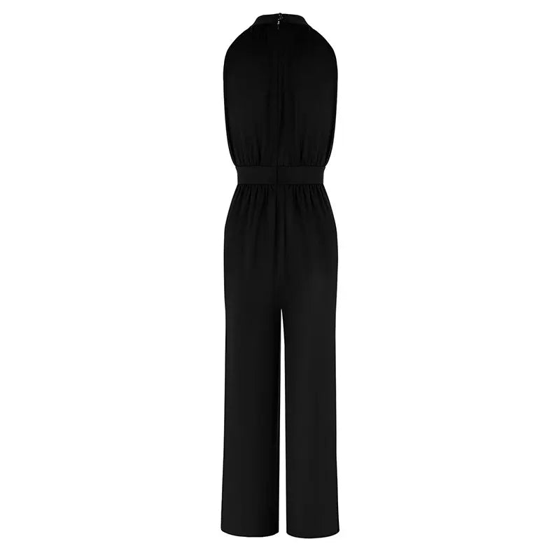 Elegant Black Sleeveless Jumpsuit – High Neck Wide Leg Evening Romper