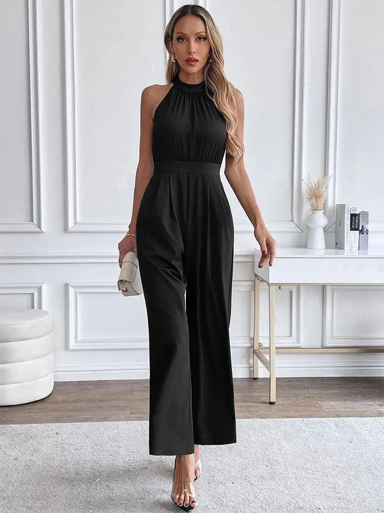 Elegant Black Sleeveless Jumpsuit – High Neck Wide Leg Evening Romper