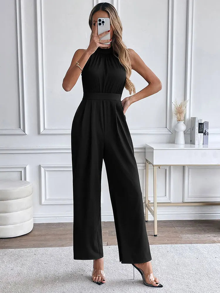 Elegant Black Sleeveless Jumpsuit – High Neck Wide Leg Evening Romper