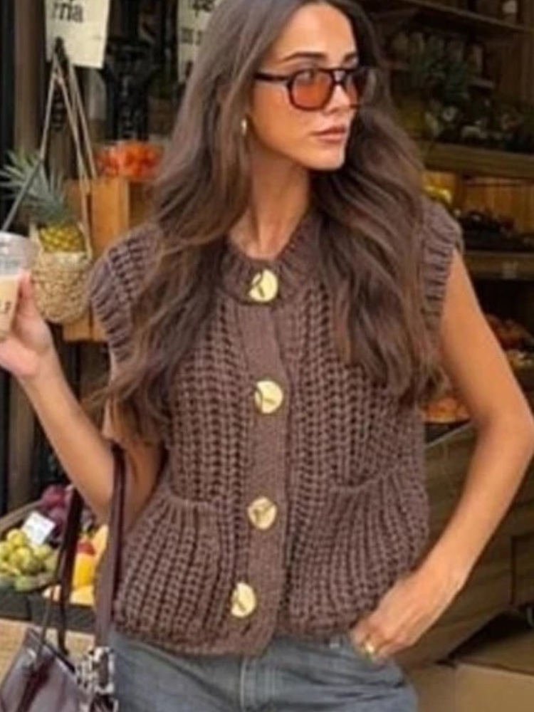 Knit Button Vest – Sleeveless Cropped Sweater Top