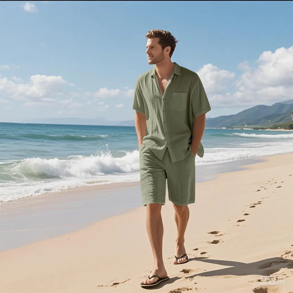 Men’s Linen Shirt and Shorts Set – Trendy Summer Beach Outfit