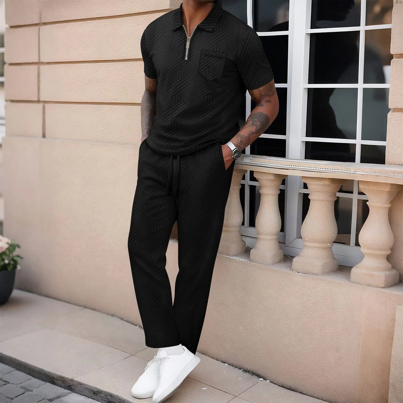 Men’s Textured Polo Shirt and Pants Set – Casual Summer Outfit