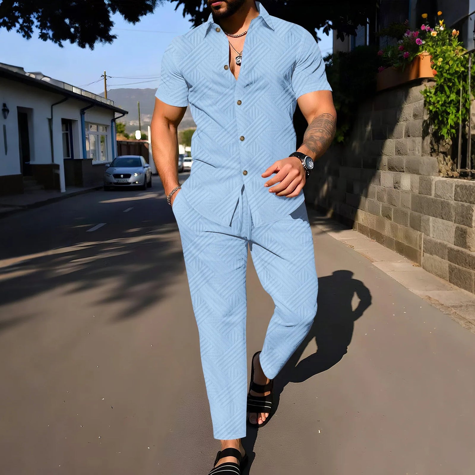 Men’s Linen Button Up Shirt and Pants Set – Casual Summer Outfit