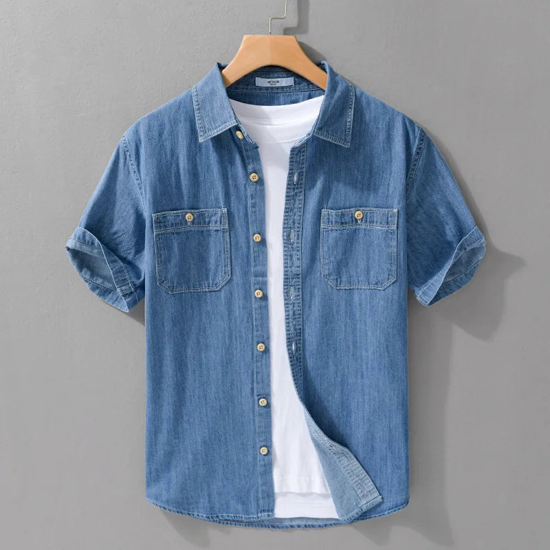 Men’s Short Sleeve Denim Shirt Casual Summer Button Down