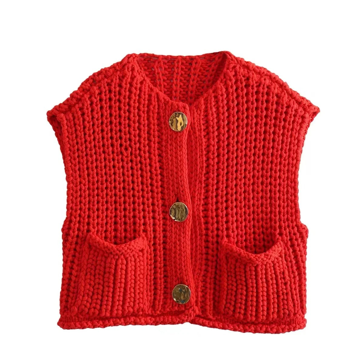 Knit Button Vest – Sleeveless Cropped Sweater Top