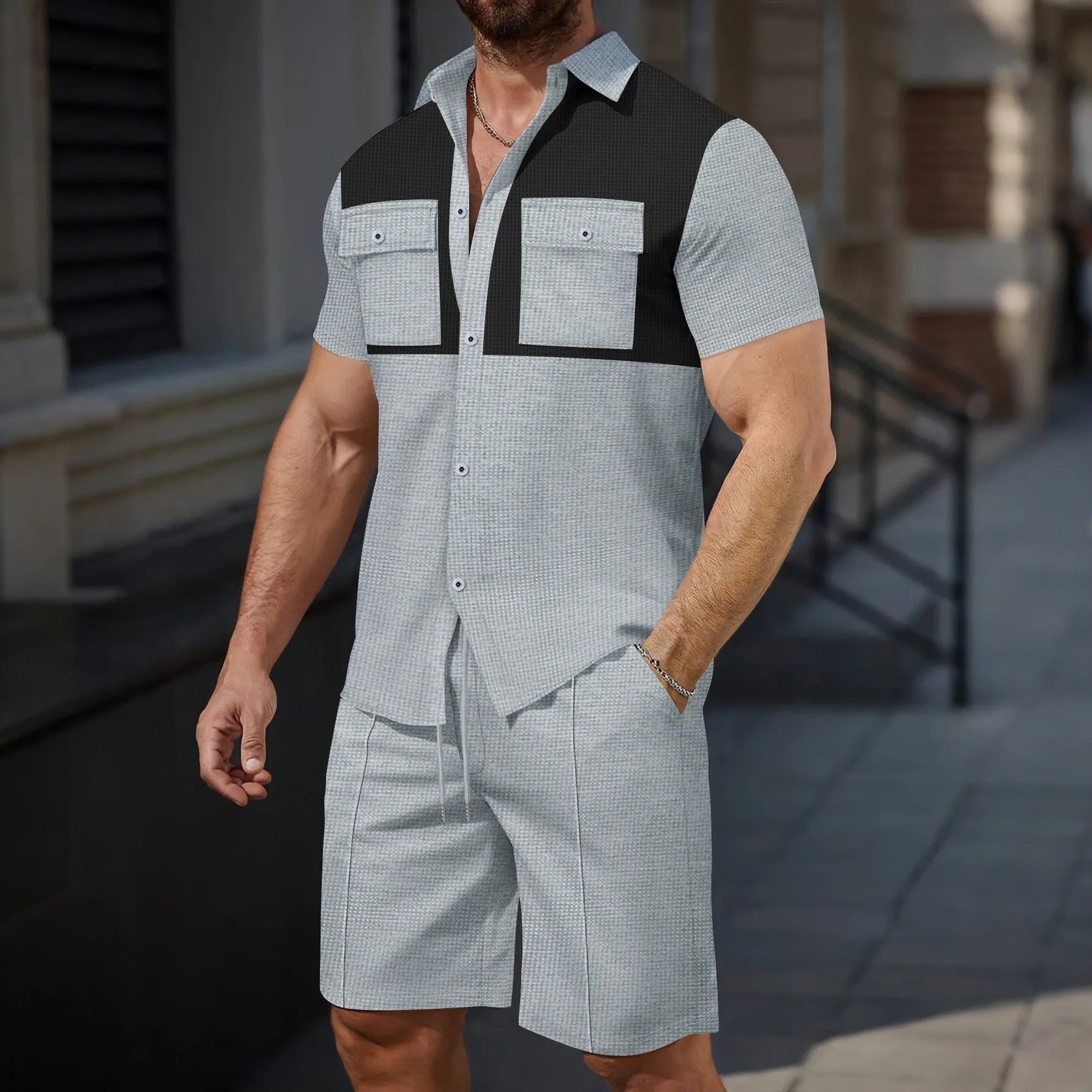 Men’s Two Tone Shirt and Shorts Set – Casual Patchwork Summer Outfit