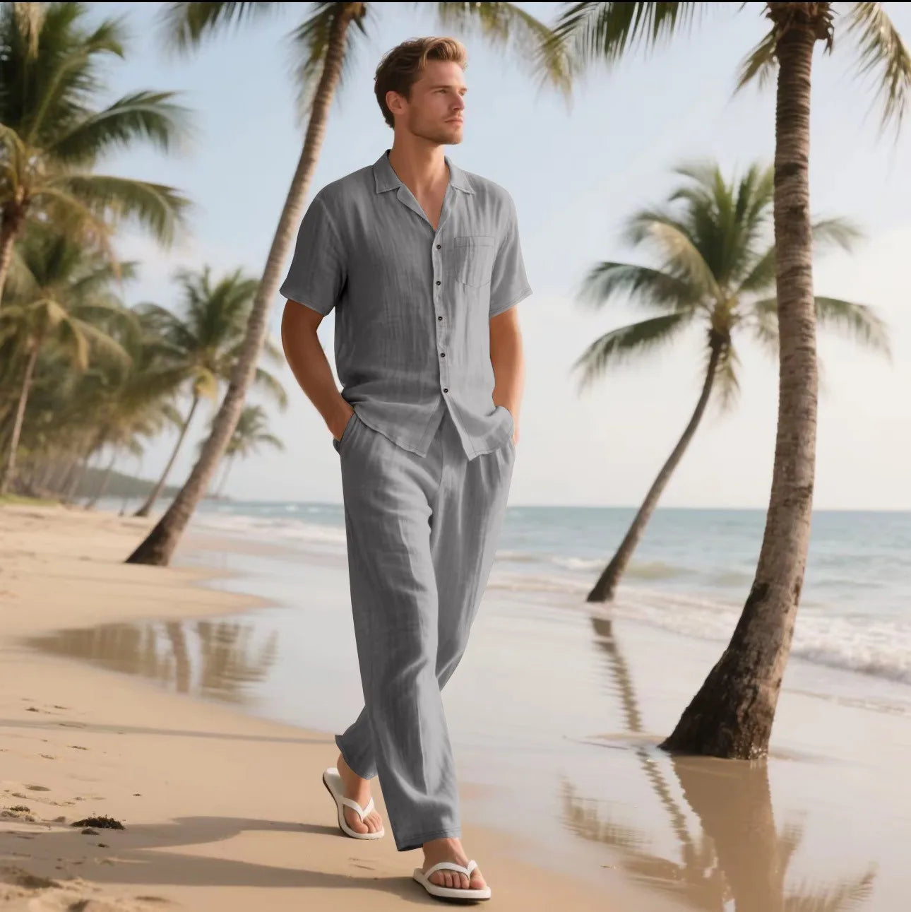Men’s Linen Shirt and Pants Set – Casual Summer Beach Outfit