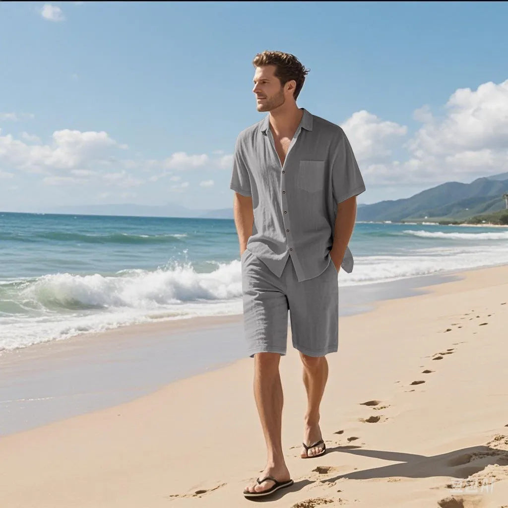 Men’s Linen Shirt and Shorts Set – Trendy Summer Beach Outfit