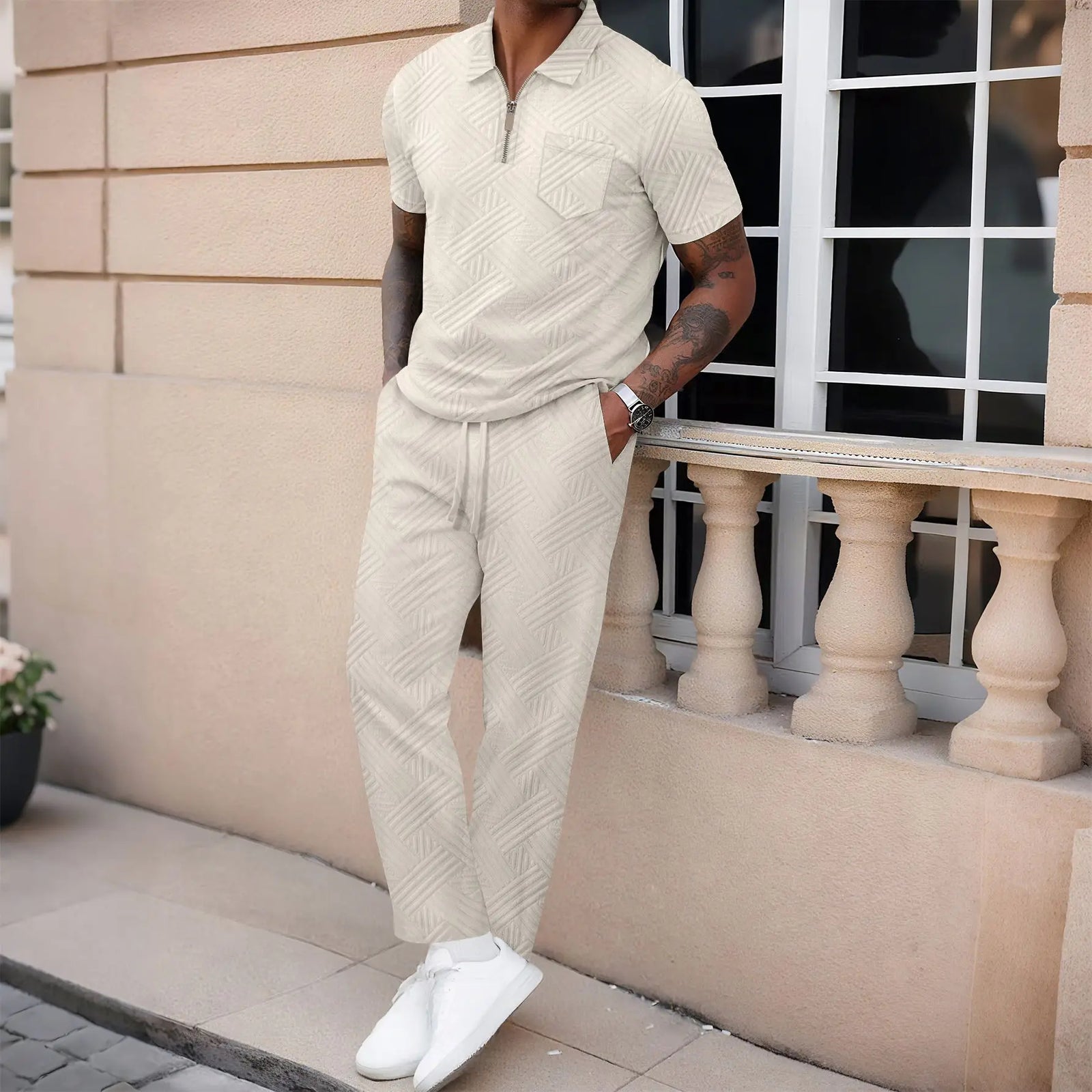 Men’s Textured Polo Shirt and Pants Set – Casual Summer Outfit