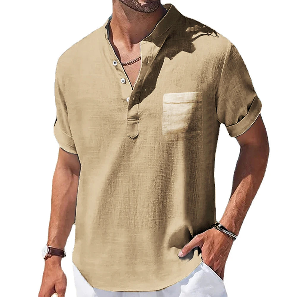Men’s Linen Henley Shirt Casual Short Sleeve Summer Top