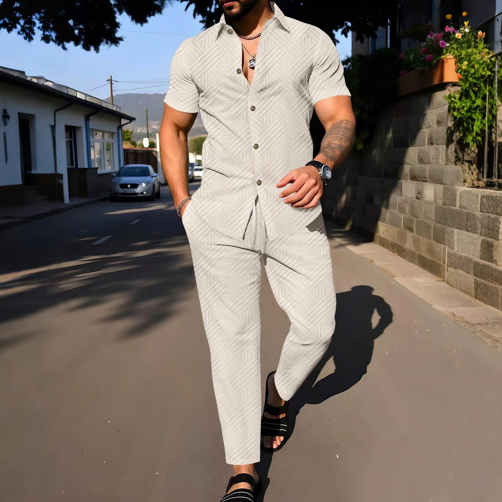 Men’s Linen Button Up Shirt and Pants Set – Casual Summer Outfit