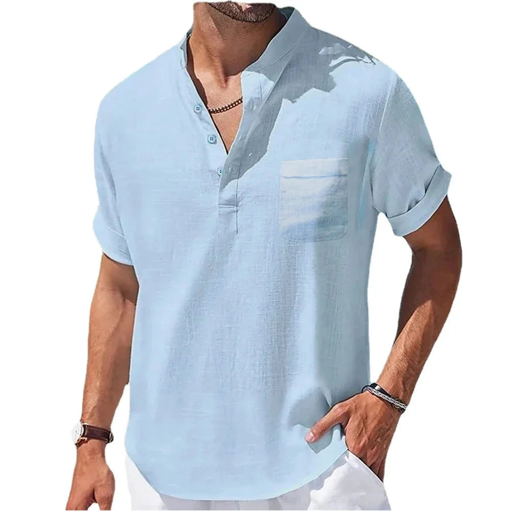 Men’s Stylish Linen Shirt – Casual Short Sleeve Henley Summer Top