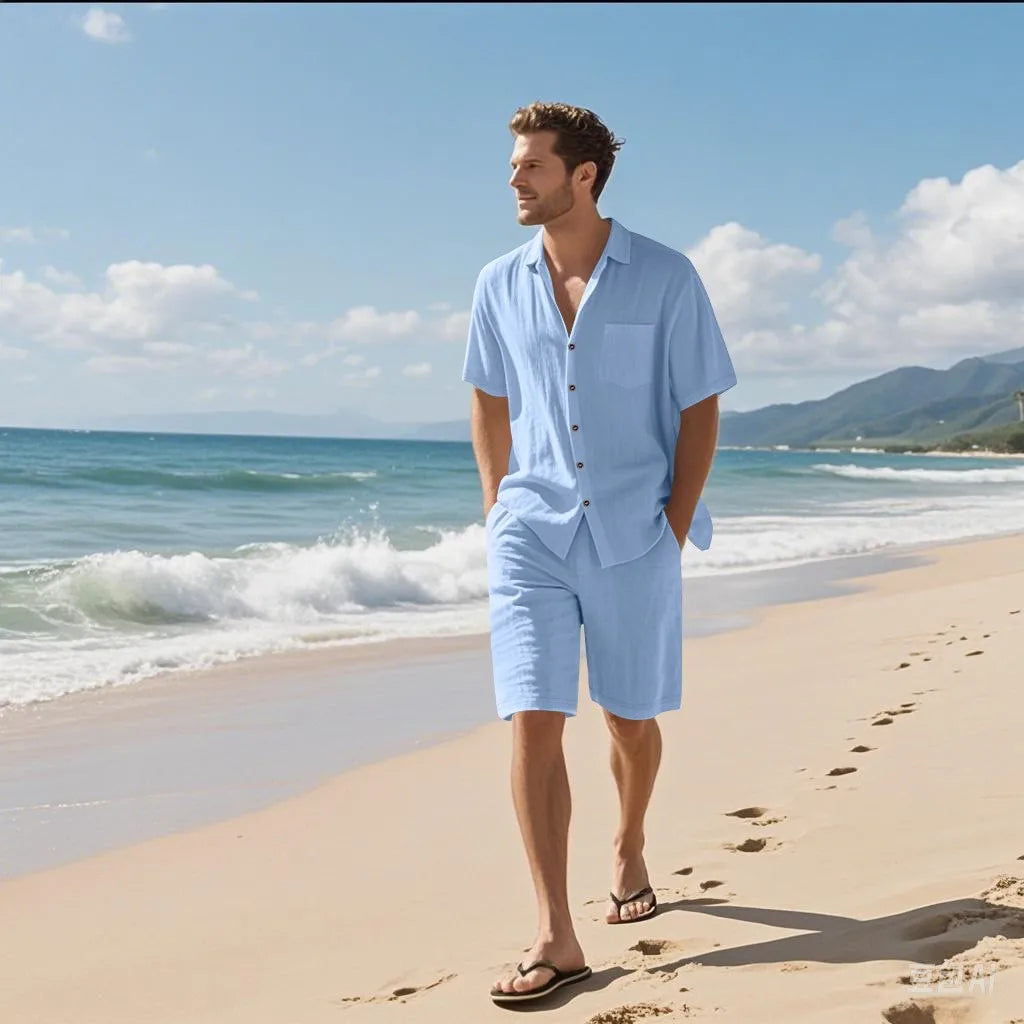 Men’s Linen Shirt and Shorts Set – Trendy Summer Beach Outfit