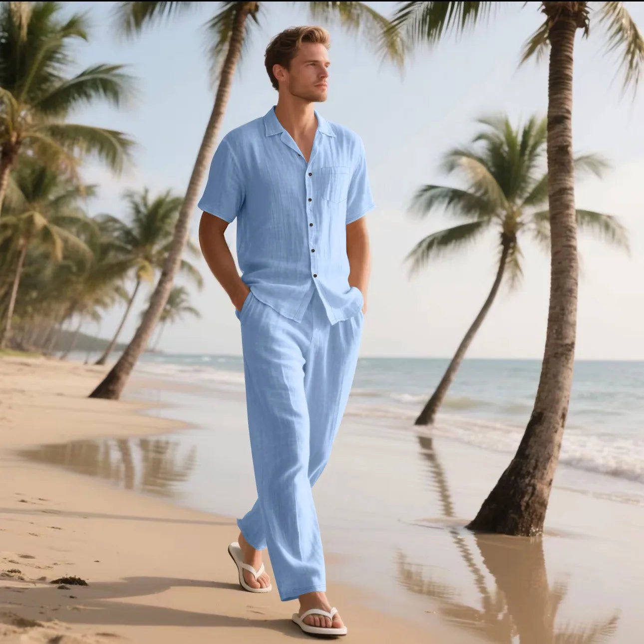 Men’s Linen Shirt and Pants Set – Casual Summer Beach Outfit