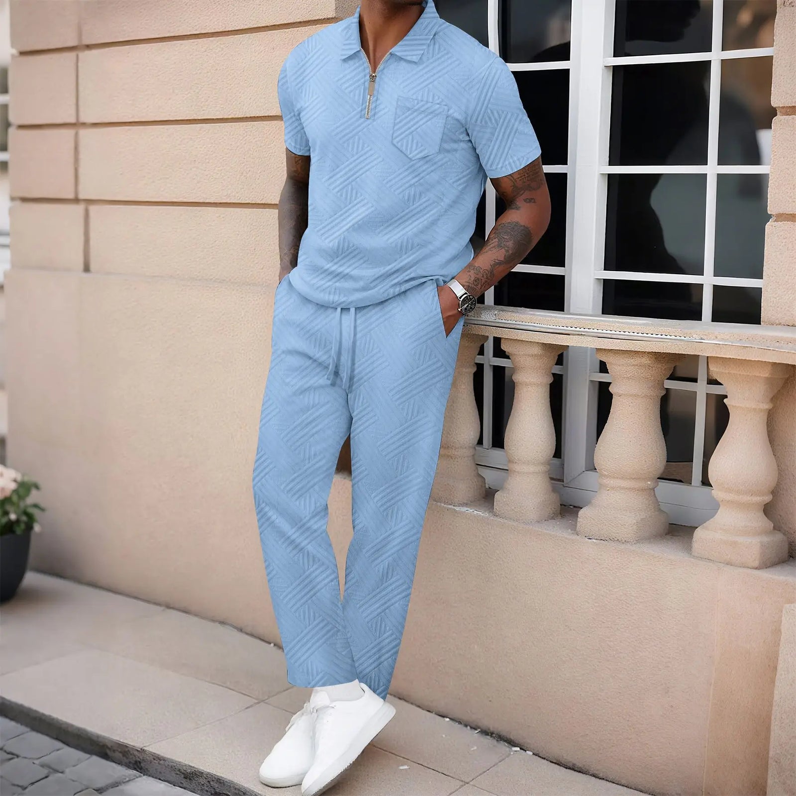 Men’s Textured Polo Shirt and Pants Set – Casual Summer Outfit