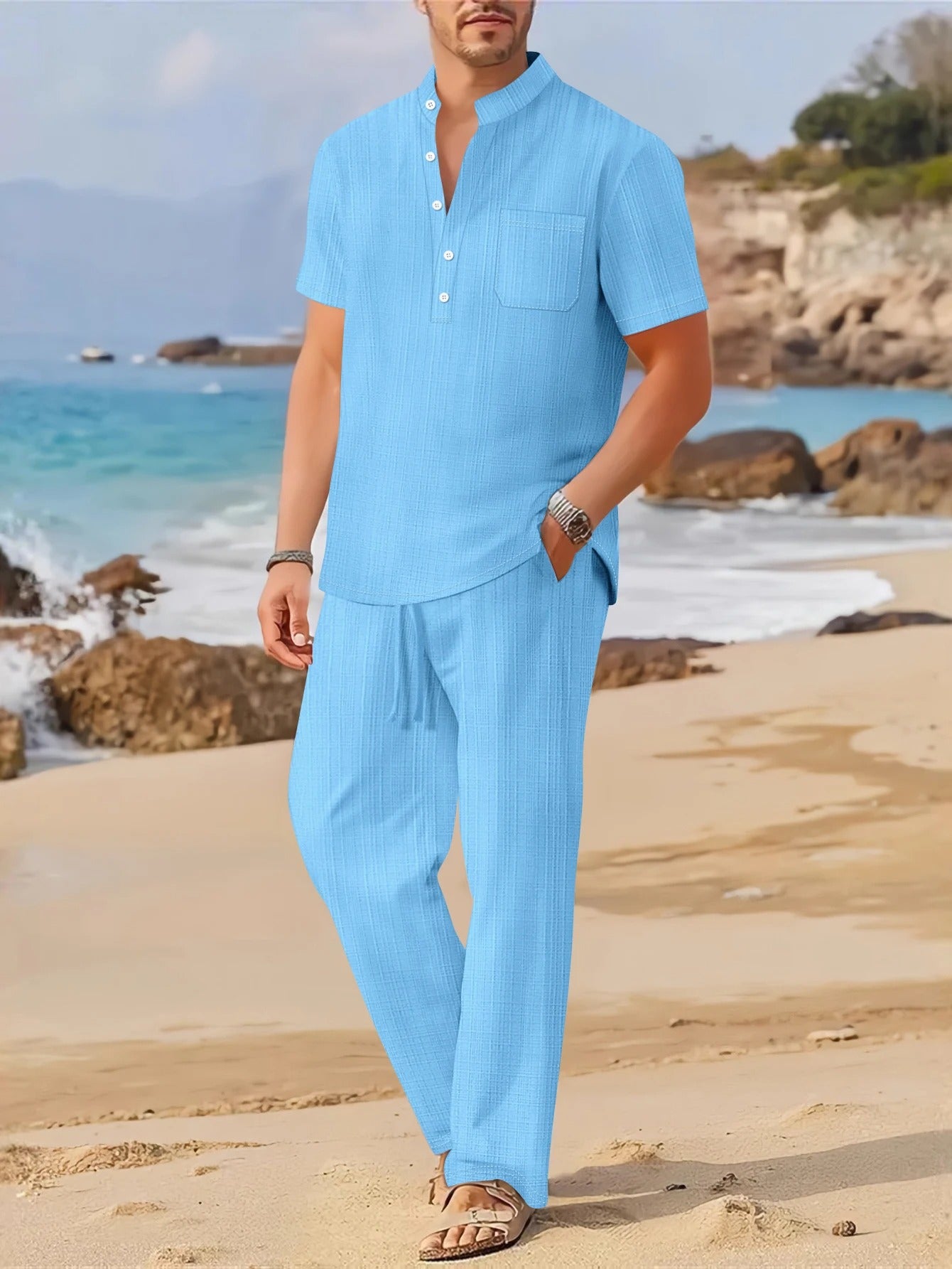 Men’s Beach Outfit Set – Short Sleeve Top and Relaxed Pants
