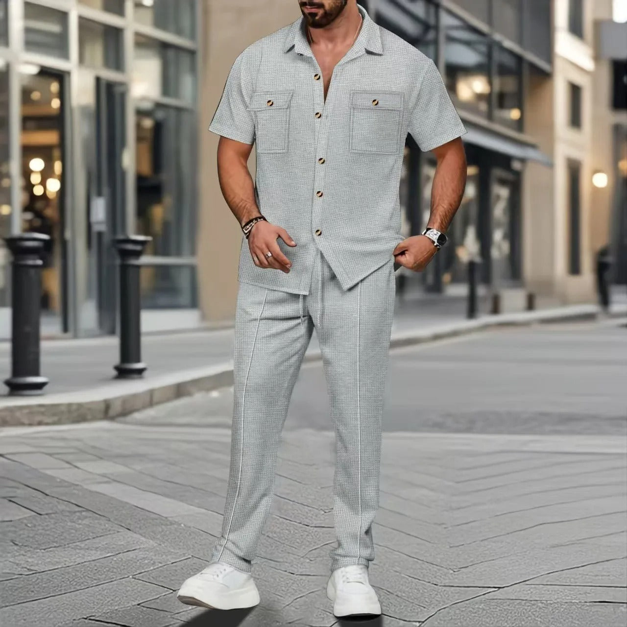 Men’s Casual Two Piece Set – Short Sleeve Button Shirt & Trousers