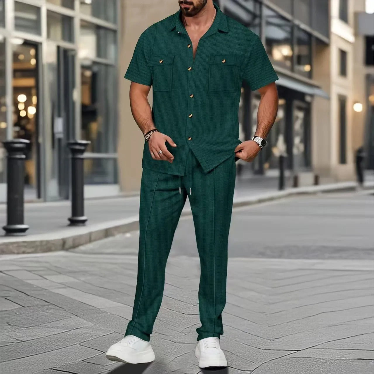 Men’s Casual Two Piece Set – Short Sleeve Button Shirt & Trousers
