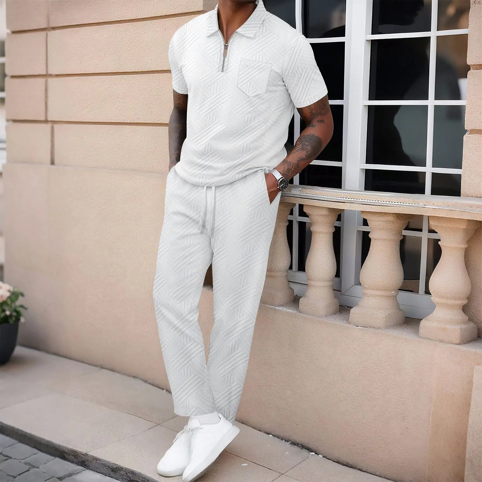 Men’s Textured Polo Shirt and Pants Set – Casual Summer Outfit