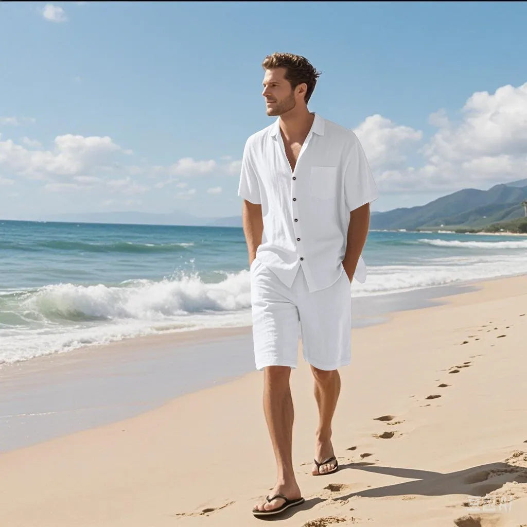 Men’s Linen Shirt and Shorts Set – Trendy Summer Beach Outfit