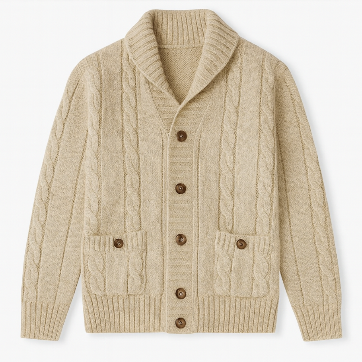 The Carlton Men’s Beige Cable Knit Merino Wool Cardigan