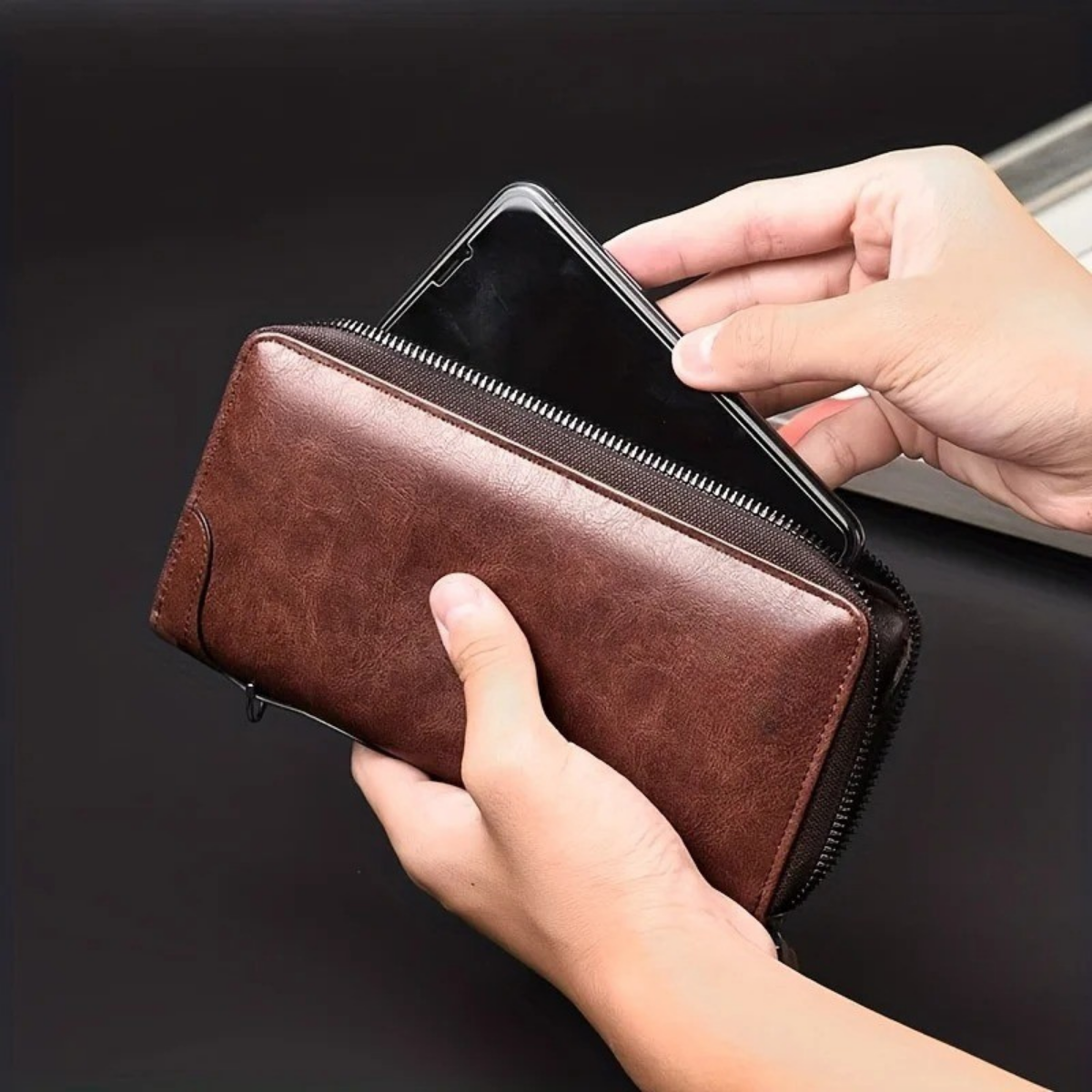 Men’s Long Zip Wallet – RFID Blocking Leather Card Holder Clutch