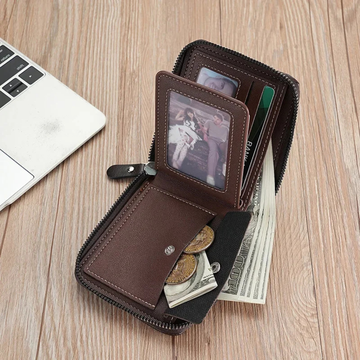 Men’s Leather Zip Wallet – RFID Card Holder with Coin Pocket