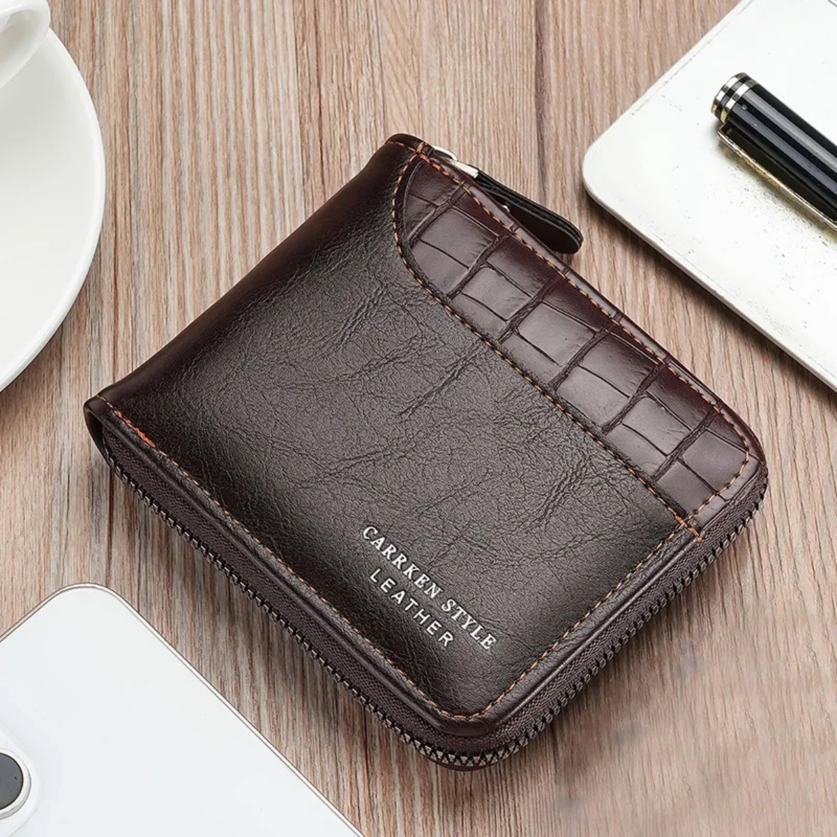 Men’s Leather Zip Wallet – RFID Card Holder with Coin Pocket