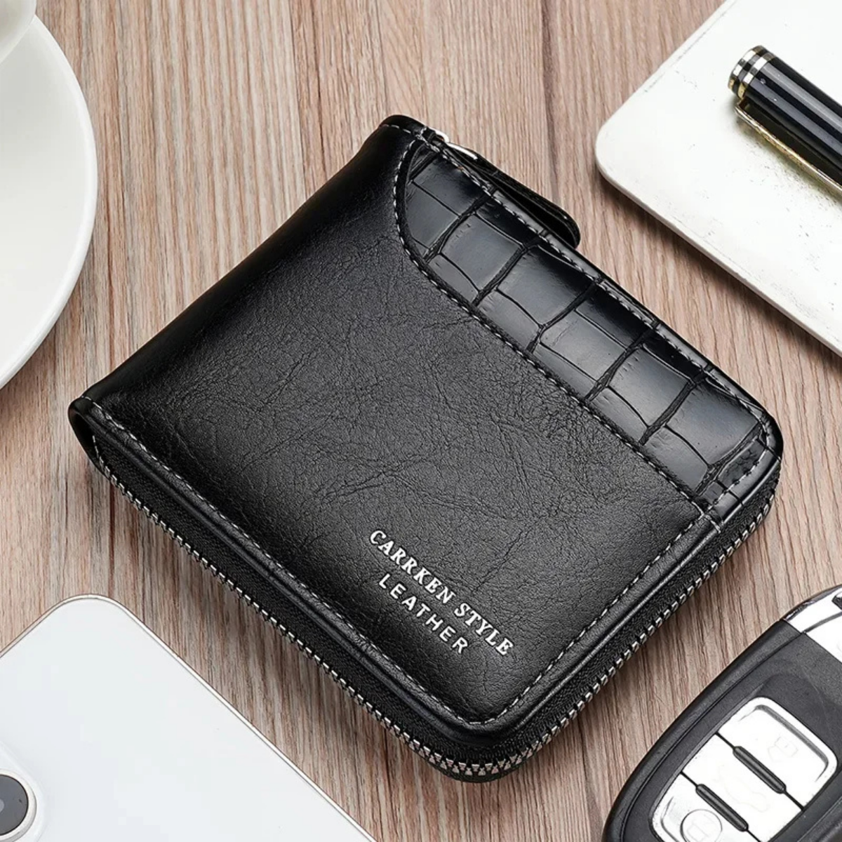 Men’s Leather Zip Wallet – RFID Card Holder with Coin Pocket