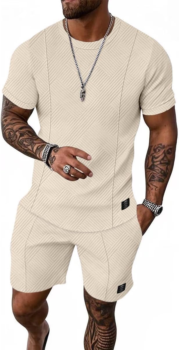Men’s Beige Two Piece Set – Short Sleeve T Shirt and Shorts