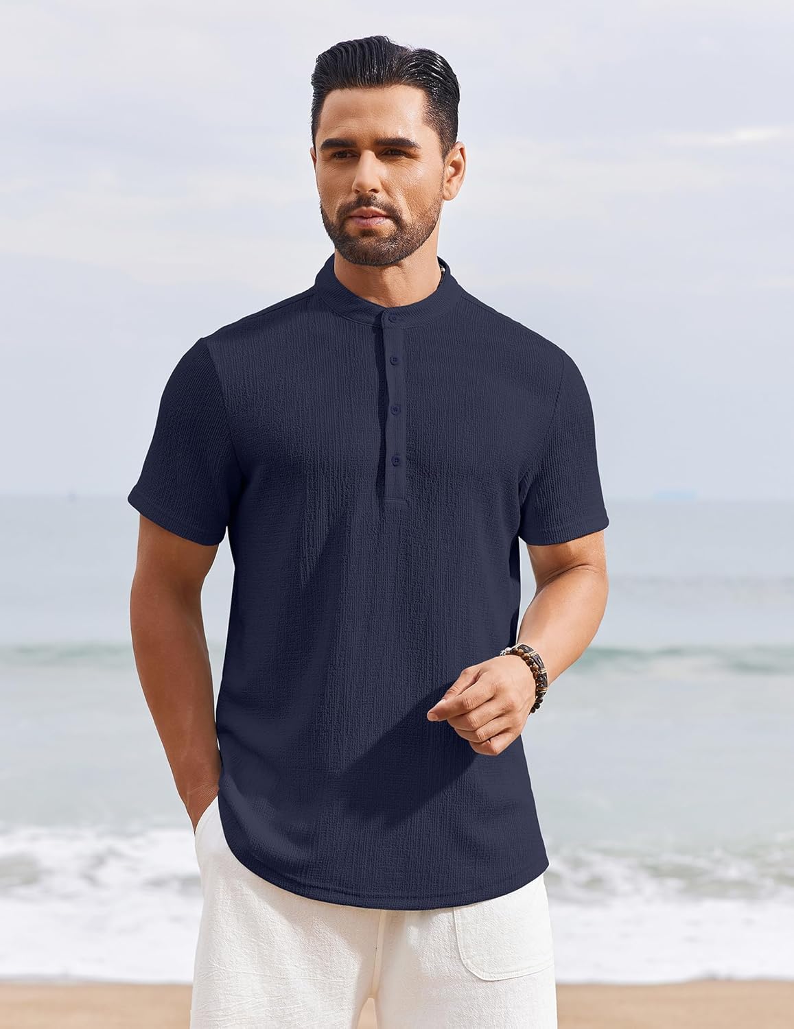 Men’s Casual Textured Henley Shirt – Summer Stand Collar Top