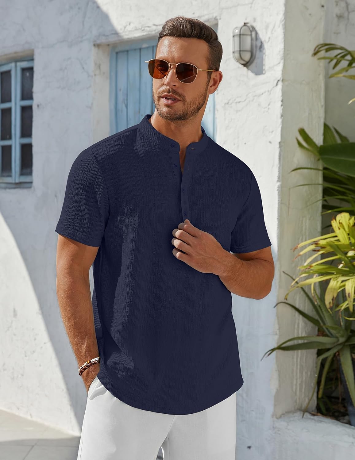 Men’s Casual Textured Henley Shirt – Summer Stand Collar Top