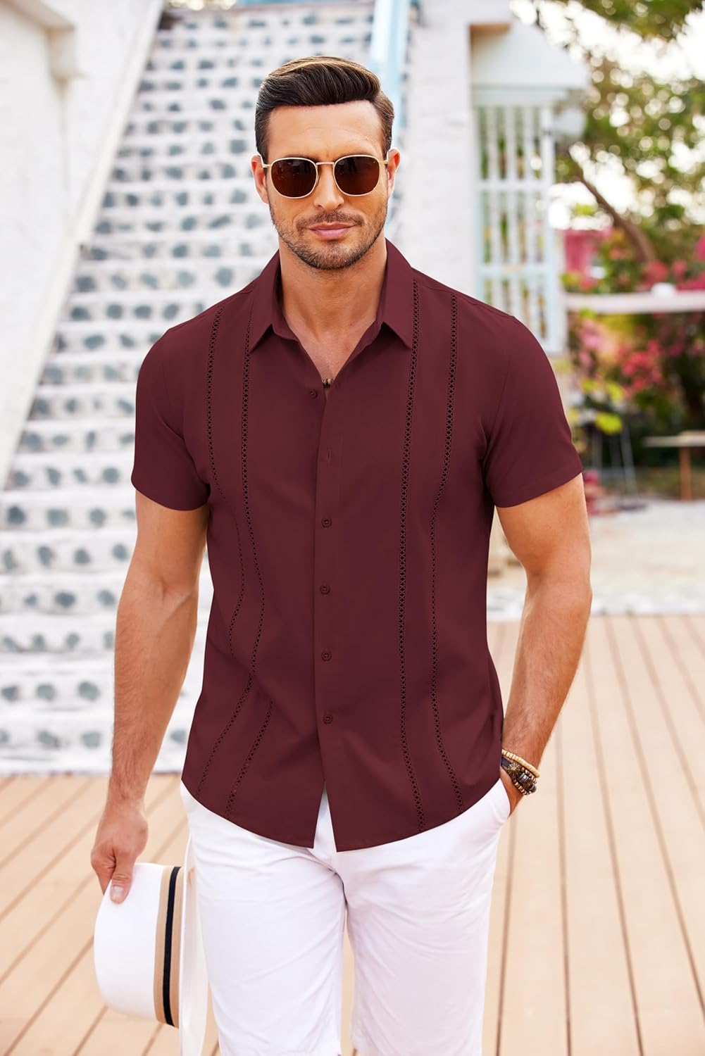Men’s Button Down Shirt – Summer Embroidered Stripe Top