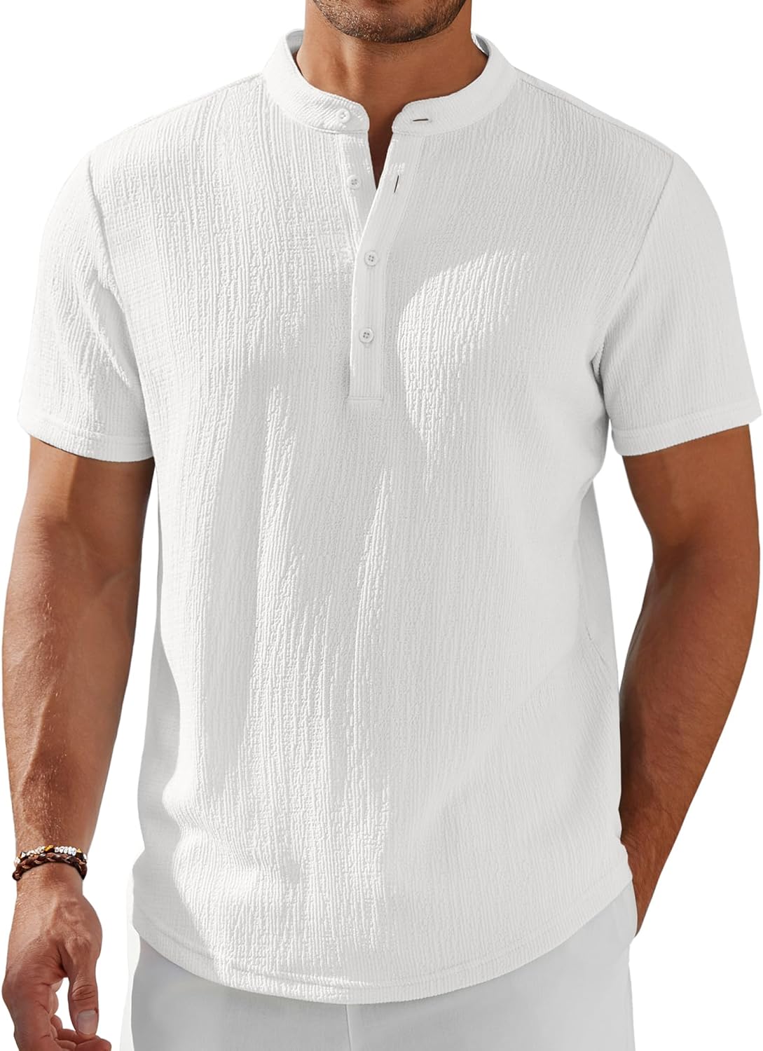 Men’s Casual Textured Henley Shirt – Summer Stand Collar Top