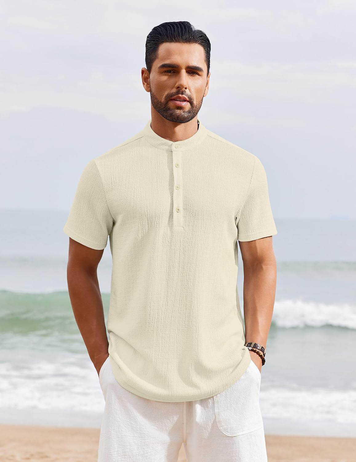 Men’s Casual Textured Henley Shirt – Summer Stand Collar Top
