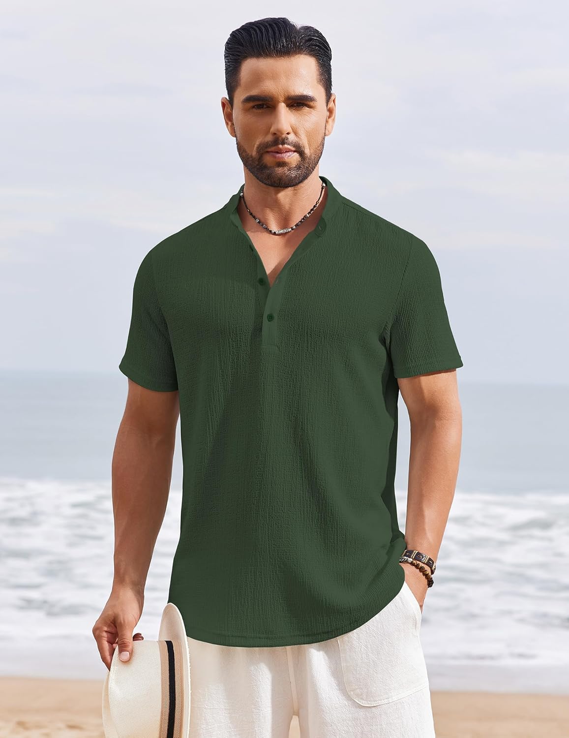 Men’s Casual Textured Henley Shirt – Summer Stand Collar Top