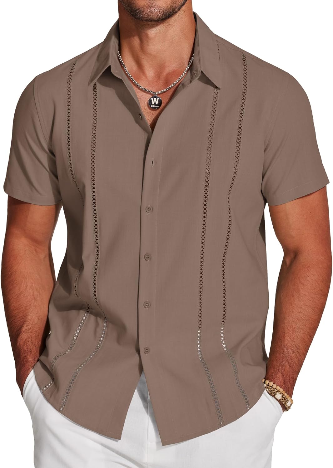 Men’s Button Down Shirt – Summer Embroidered Stripe Top