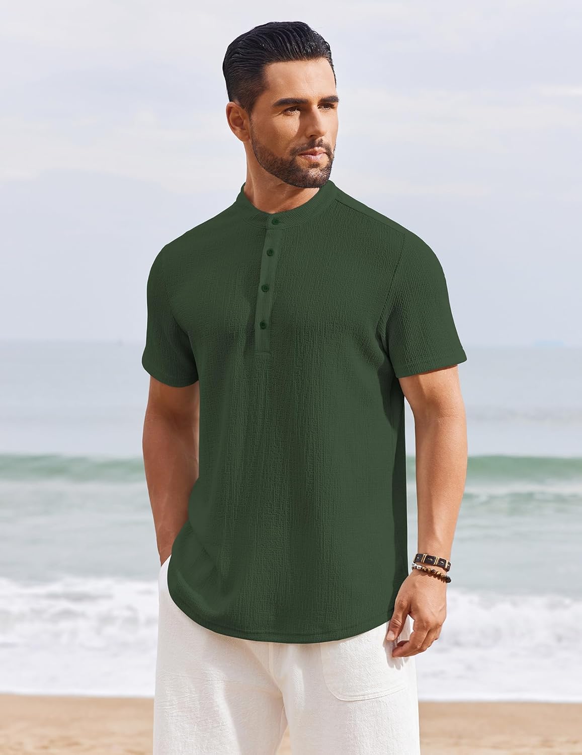 Men’s Casual Textured Henley Shirt – Summer Stand Collar Top