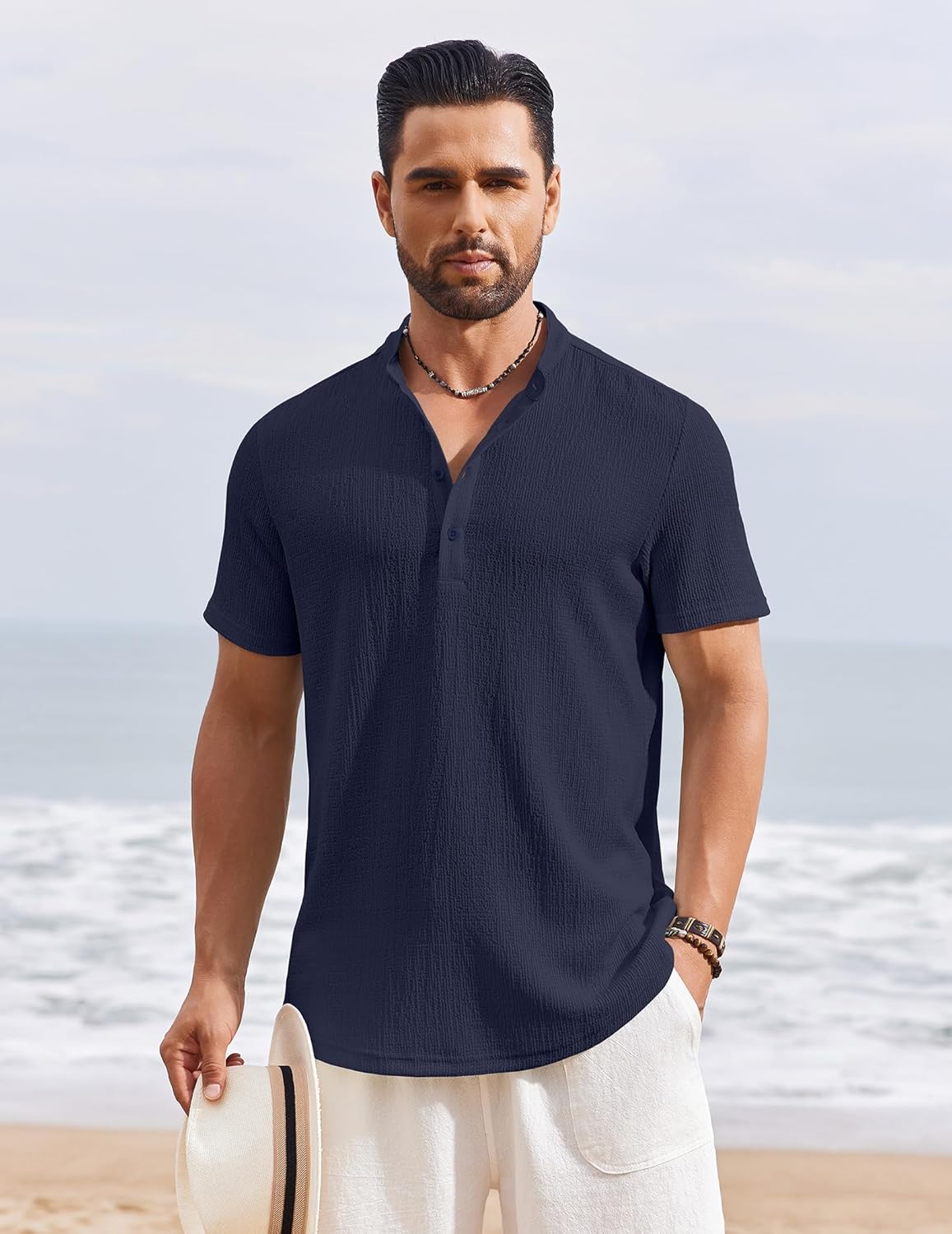 Men’s Casual Textured Henley Shirt – Summer Stand Collar Top