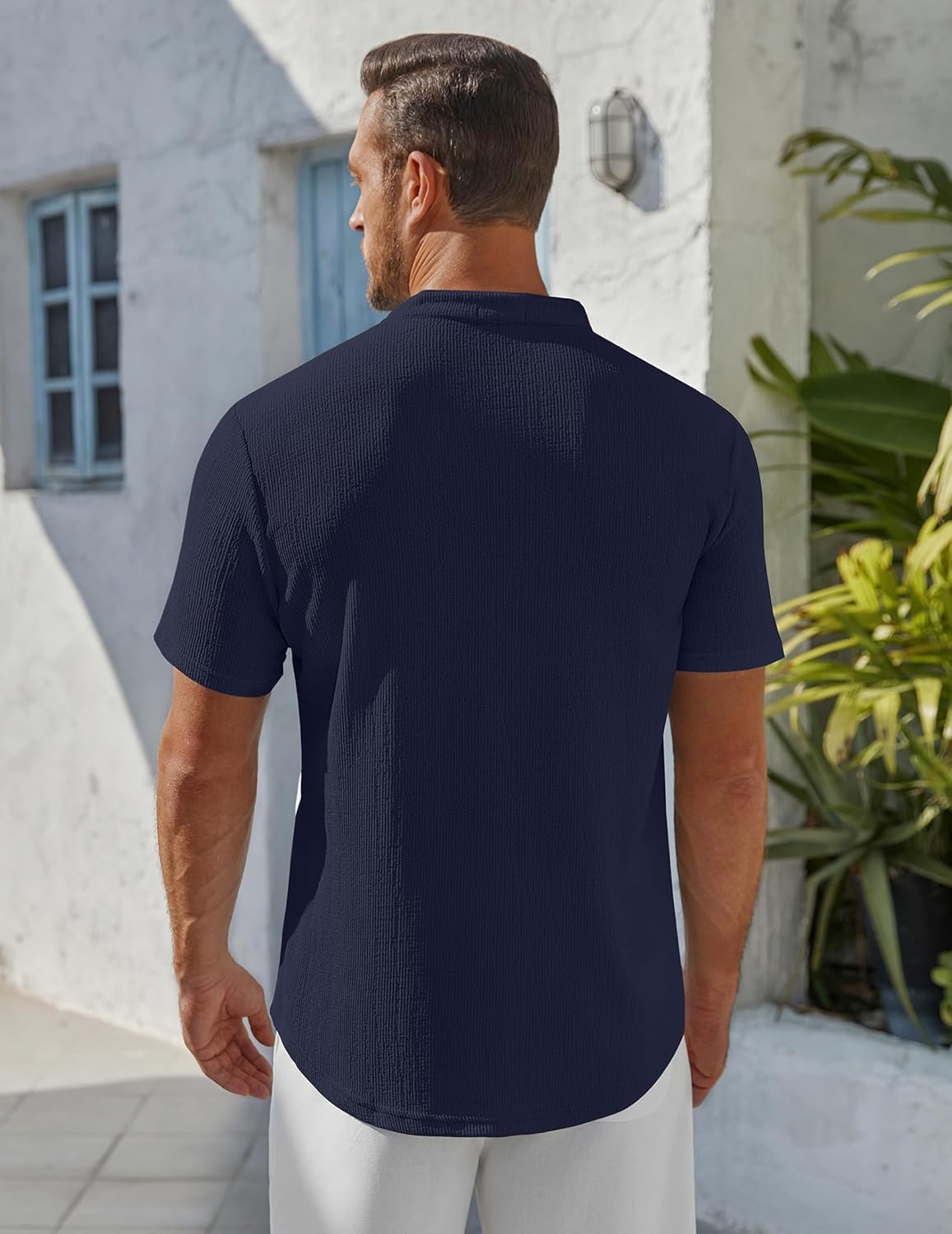 Men’s Casual Textured Henley Shirt – Summer Stand Collar Top