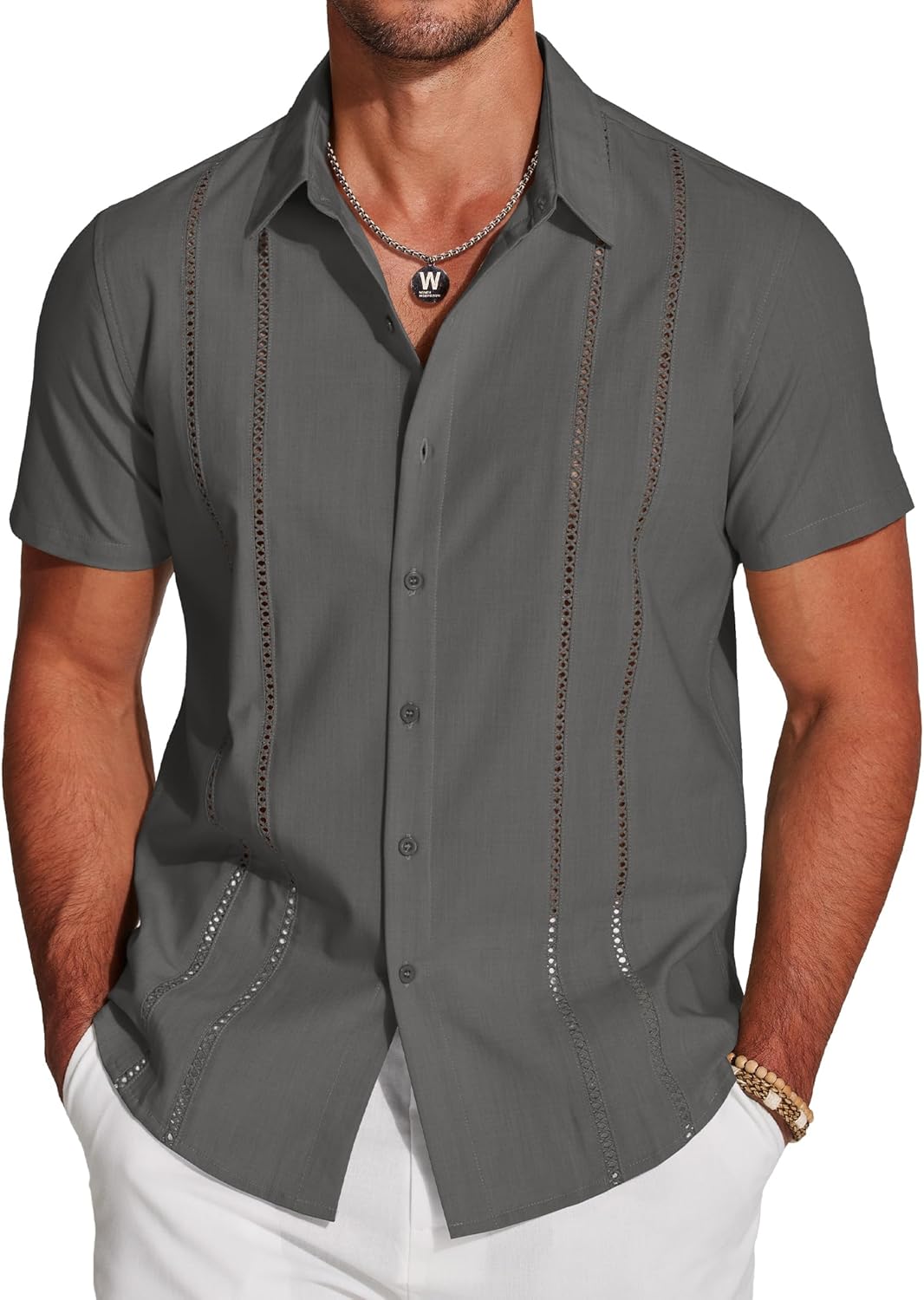 Men’s Button Down Shirt – Summer Embroidered Stripe Top